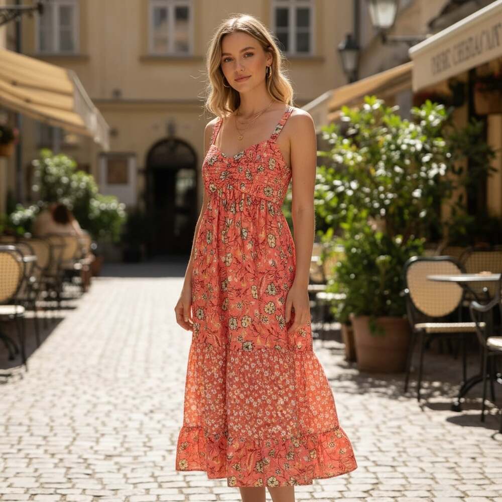 Band of the Free Dusty Coral Sage Floral Smocked Tiered Dress Sz S Boho Festival